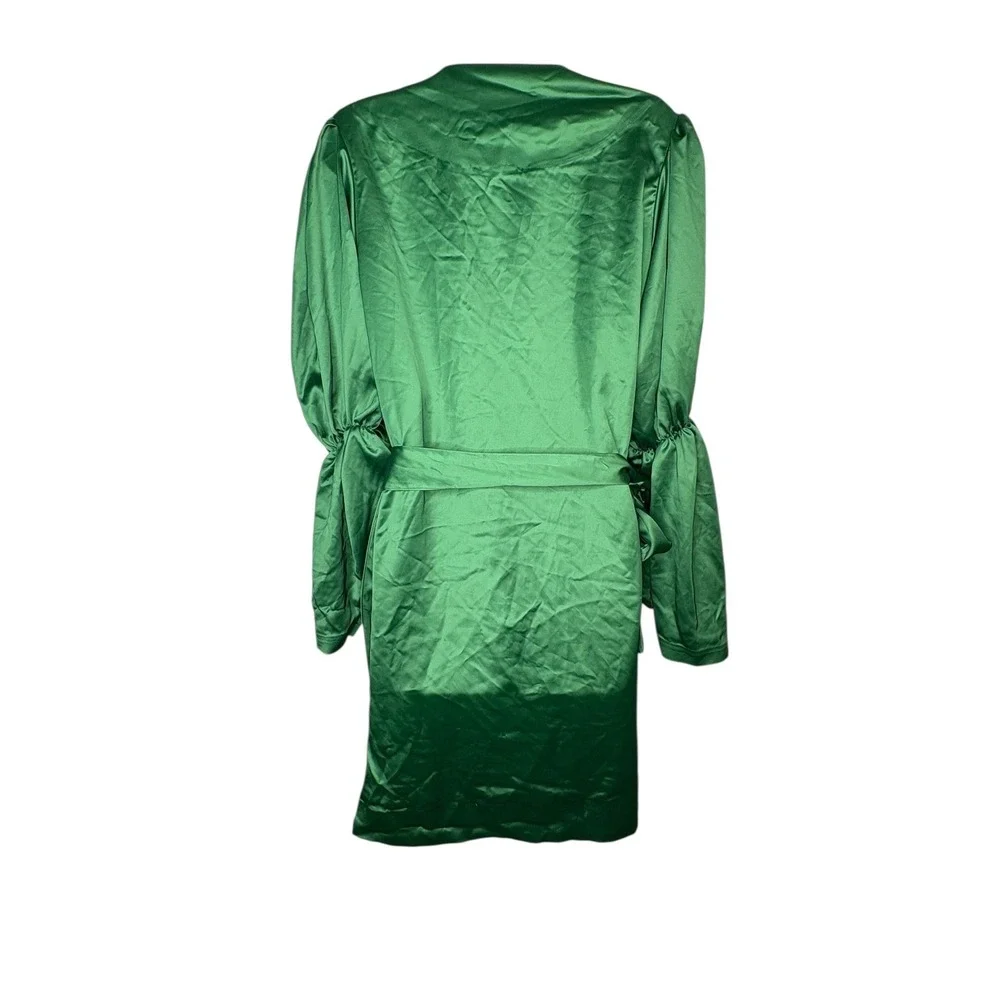 Marks & Curves Green Satin Wrap‎ Dress Womens Medium Emerald Bishop Sleeve Mini